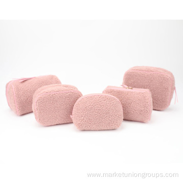 Sherpa Shell Shape Makeup Bag, Cute Pink Cosmetic Plush Storage Bag